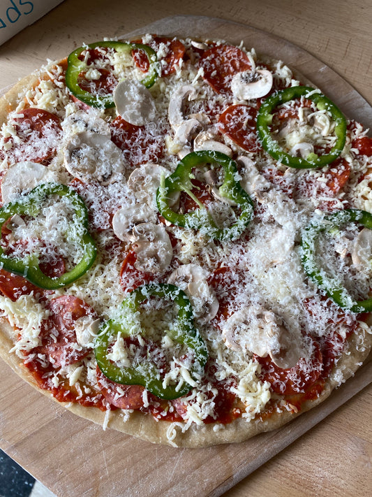 Feature Pizza- Pepperoni, mushrooms, green peppers, mozzarella, parmesan