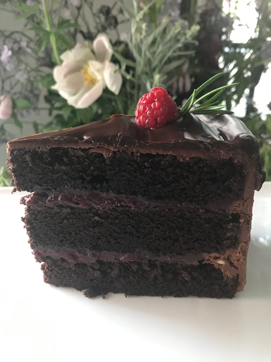 Dark Chocolate Raspberry Cake Slice