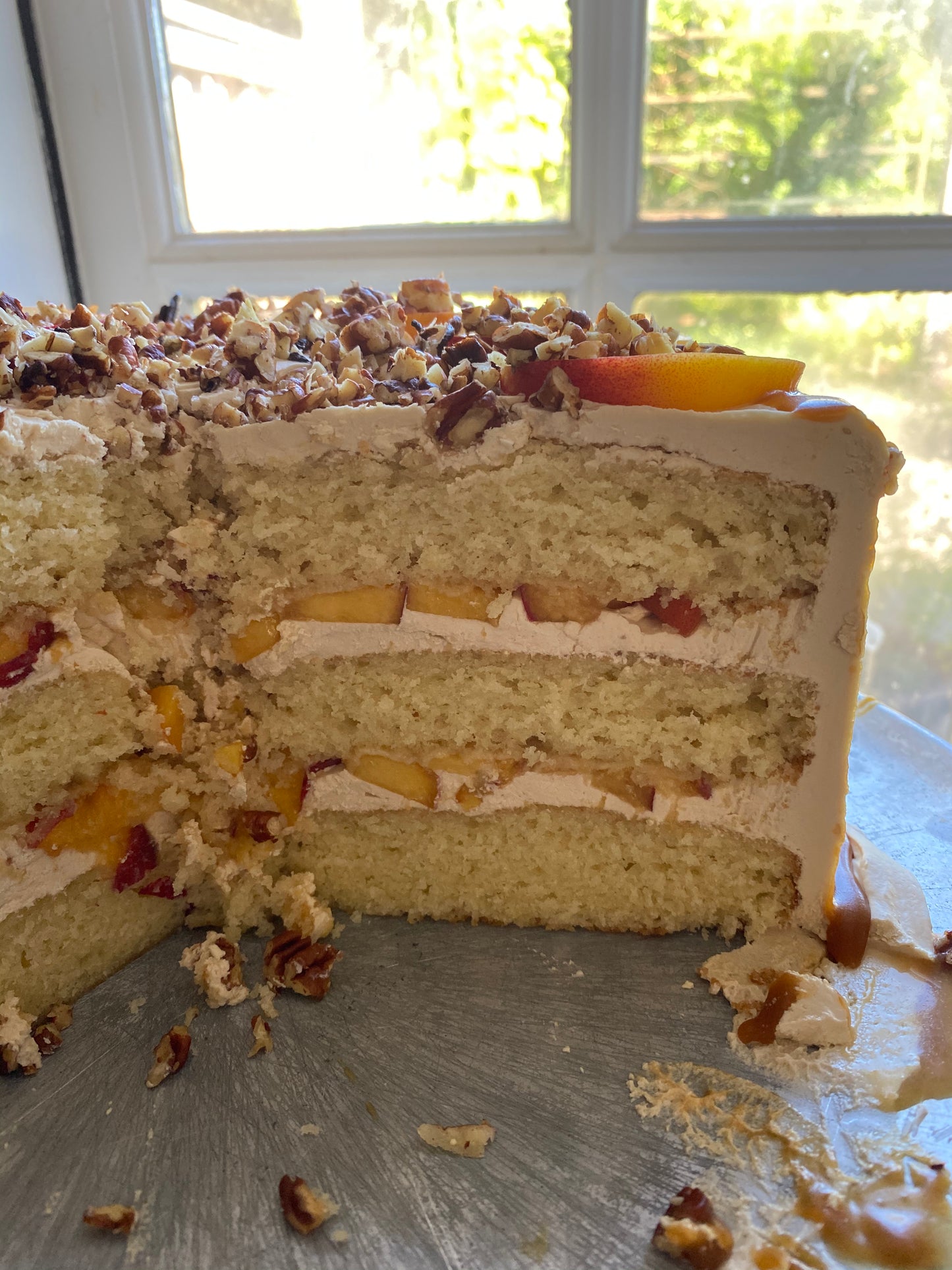 Peach Caramel Pecan Cake Slice