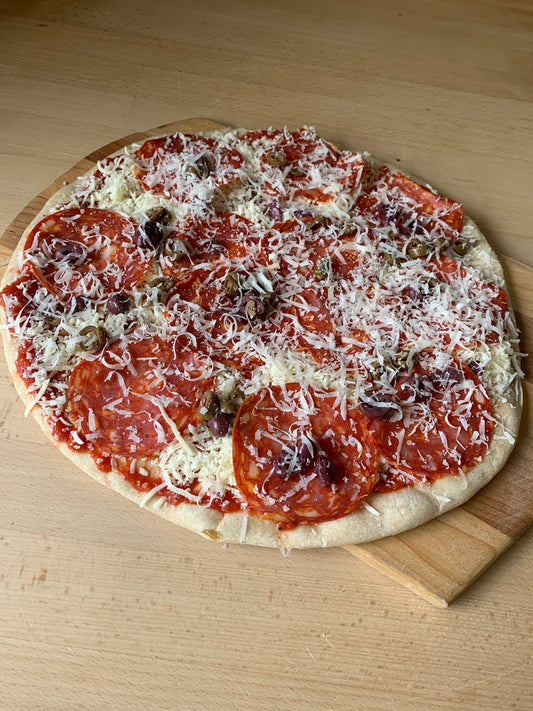 Sicilian Pizza- Tomato sauce, salami, olives, mozzarella, parmesan, black pepper